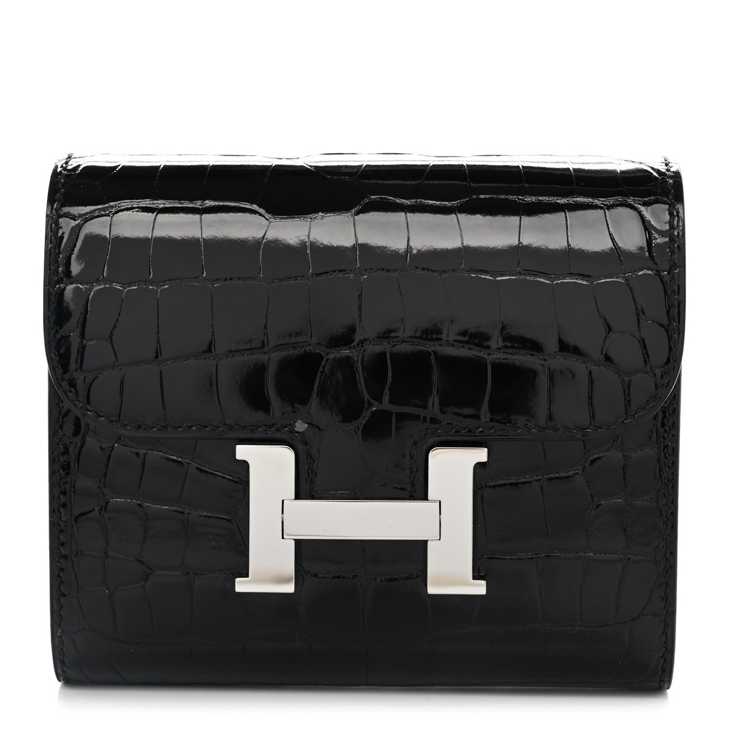 Hermes Shiny Alligator Constance Short Wallet Black