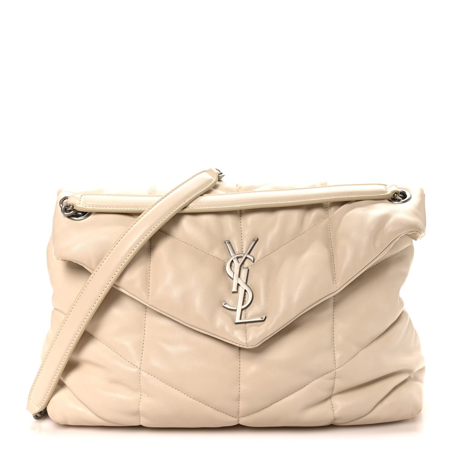 Saint Laurent Lambskin Quilted Medium Loulou Puffer Monogram Chain Satchel Crema Soft