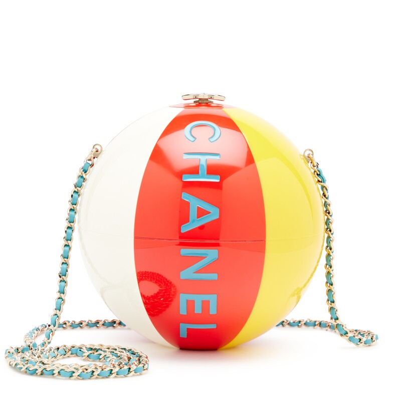 Red White Yellow and Blue Plexiglass Coco Beach Ball Minaudière Clutch Light Gold Hardware, 2019