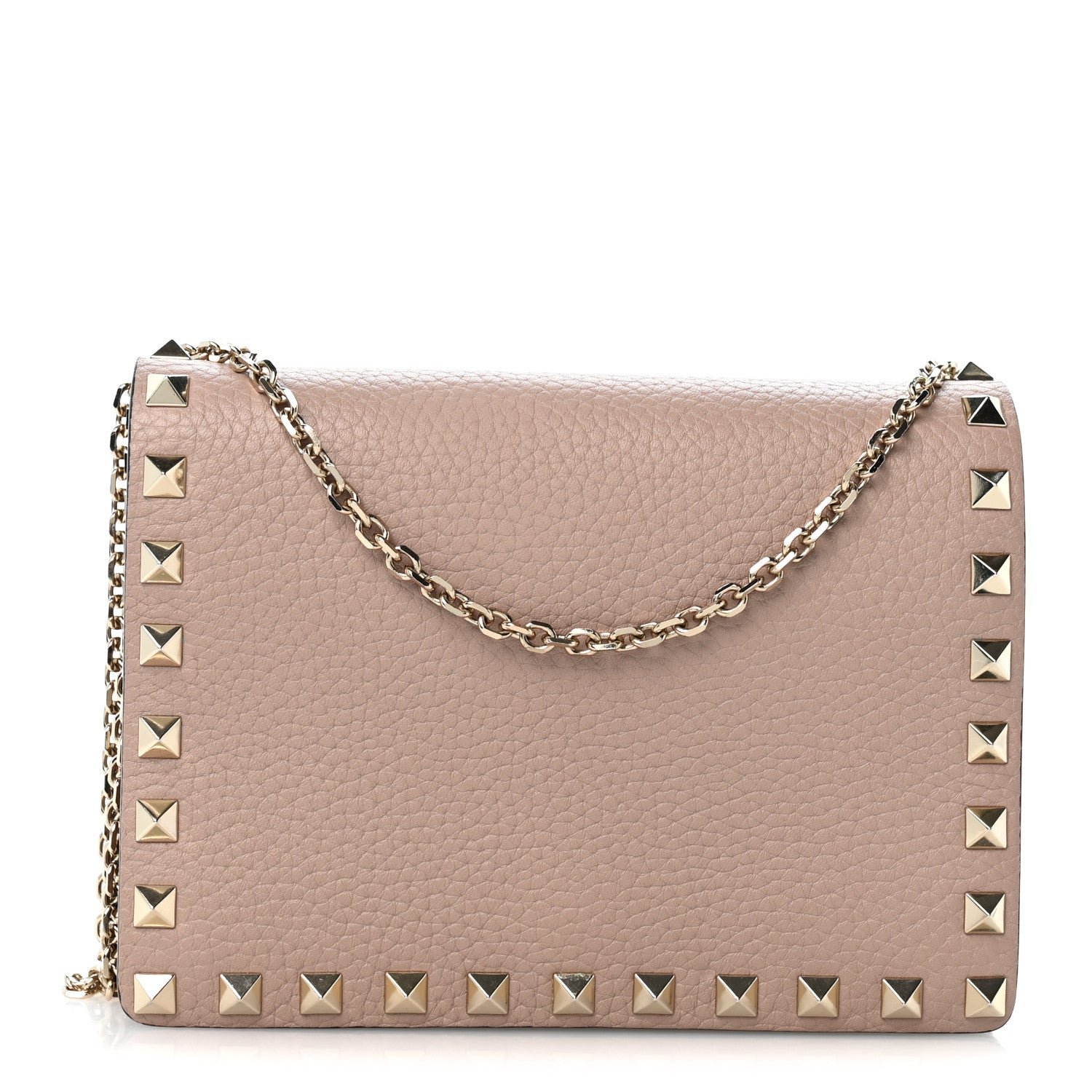Valentino Garavani Pebbled Calfskin Rockstud Wallet On Chain Poudre