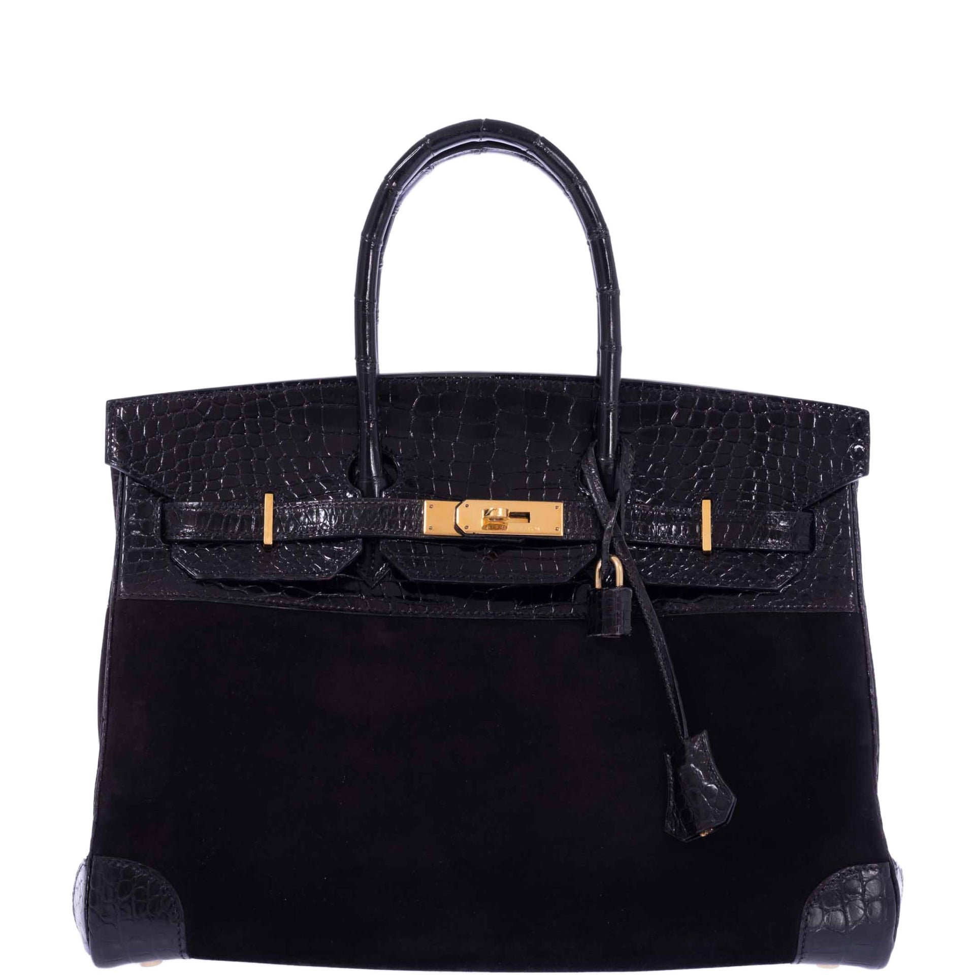 Hermes Hermès Birkin 35 Black Veau Doblis Suede & Black Porosus Crocodile Gold Hardware