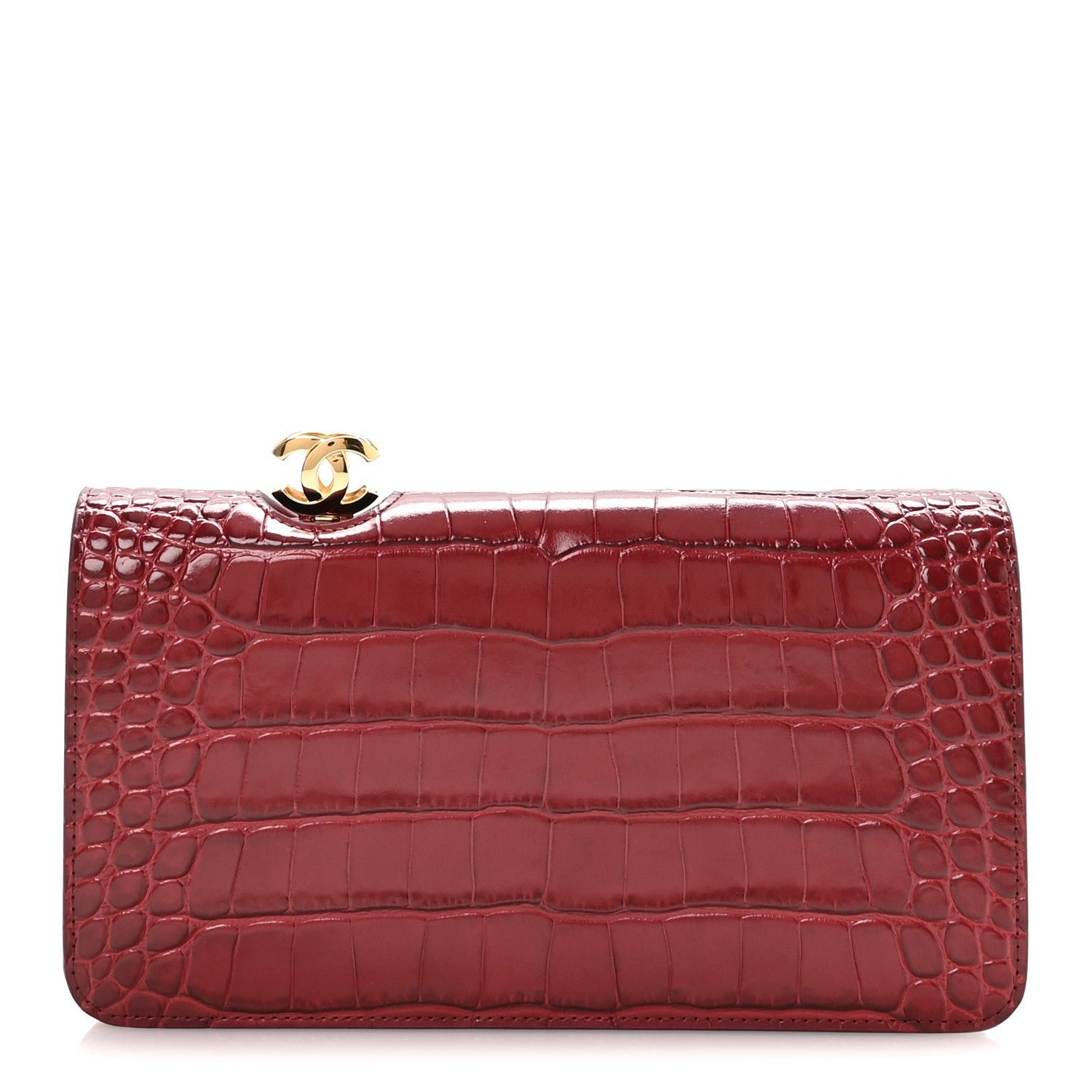 Chanel Calfskin Crocodile Embossed Clutch Burgundy