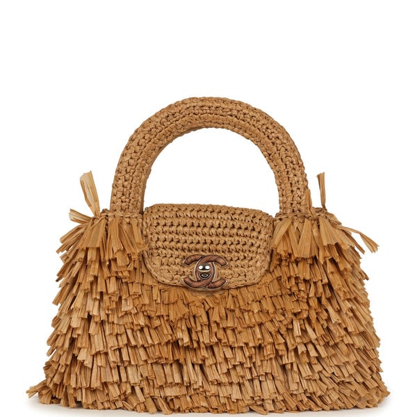 Chanel Small Fringe Kelly Dark Beige Raffia Wood and Light Gold Hardware