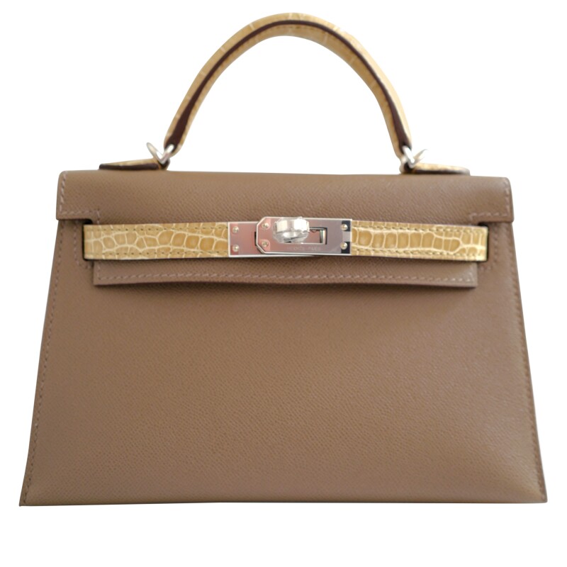 Hermes Etoupe Madame and Sable Shiny Alligator Touch Mini Kelly 20 II Palladium Hardware, 2024
