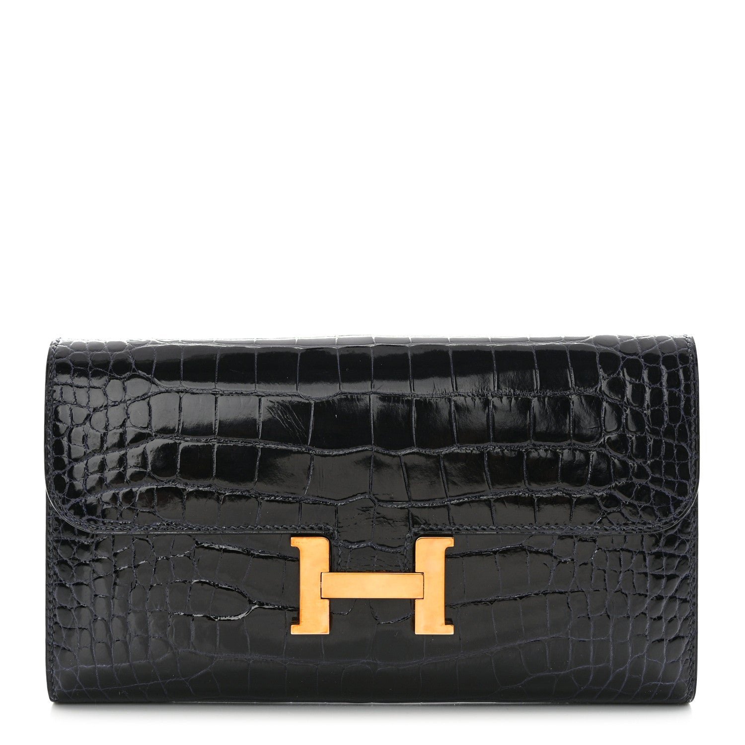 Hermes Shiny Alligator Constance Long Wallet Bleu Marine