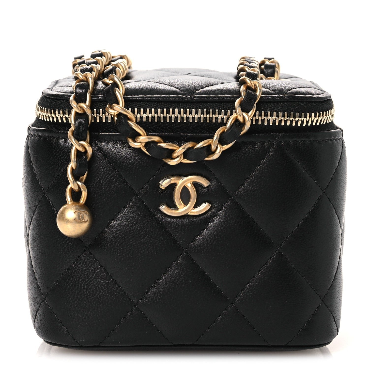 Chanel Lambskin Quilted Mini Pearl Crush Vanity Case With Chain Black