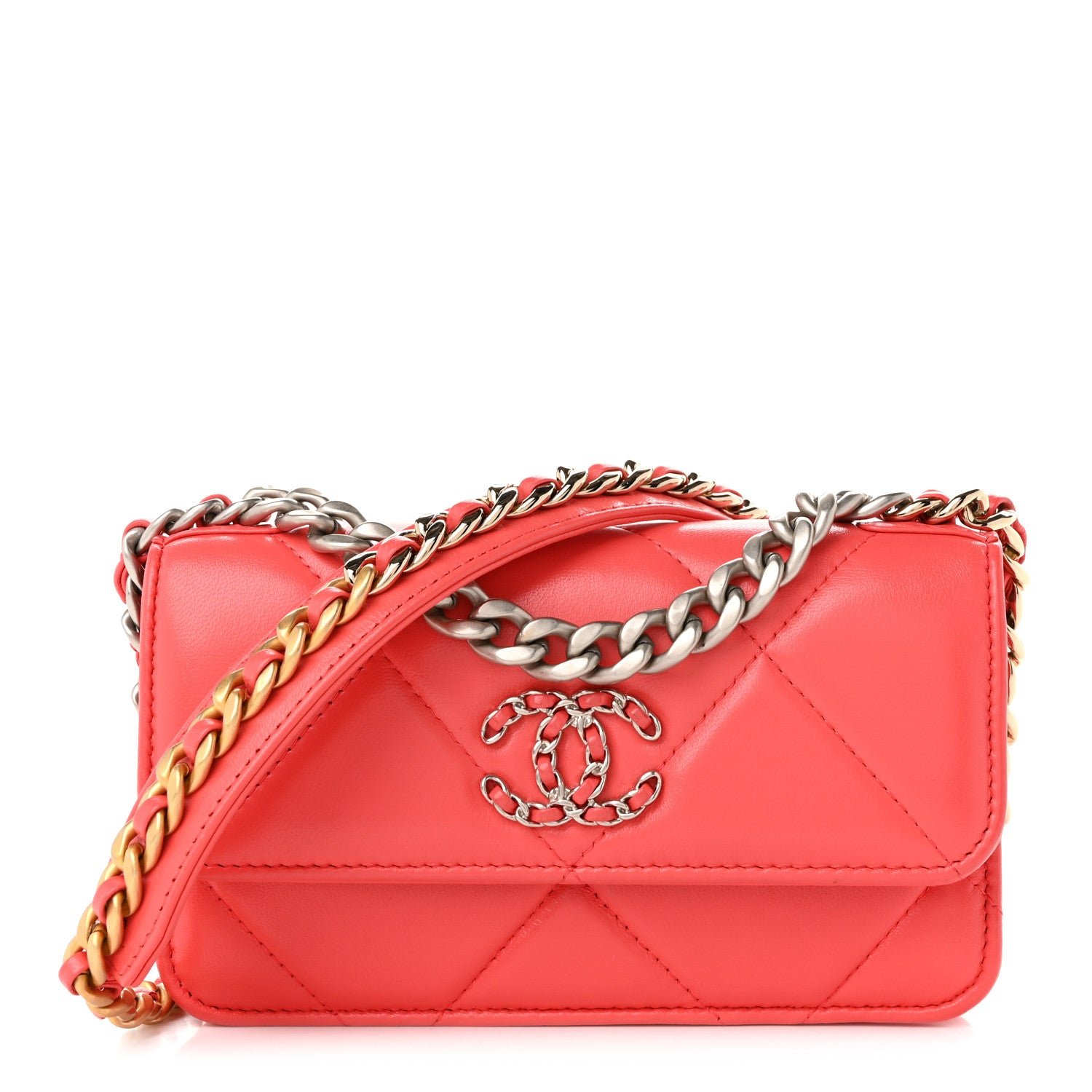 Chanel Lambskin Quilted Chanel 19 Flap Phone Holder With Chain Coral