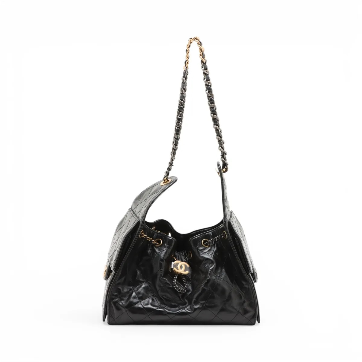 Chanel Chanel 25 Small shiny calfskin Chain Shoulder Bag Black Gold x Silver Met