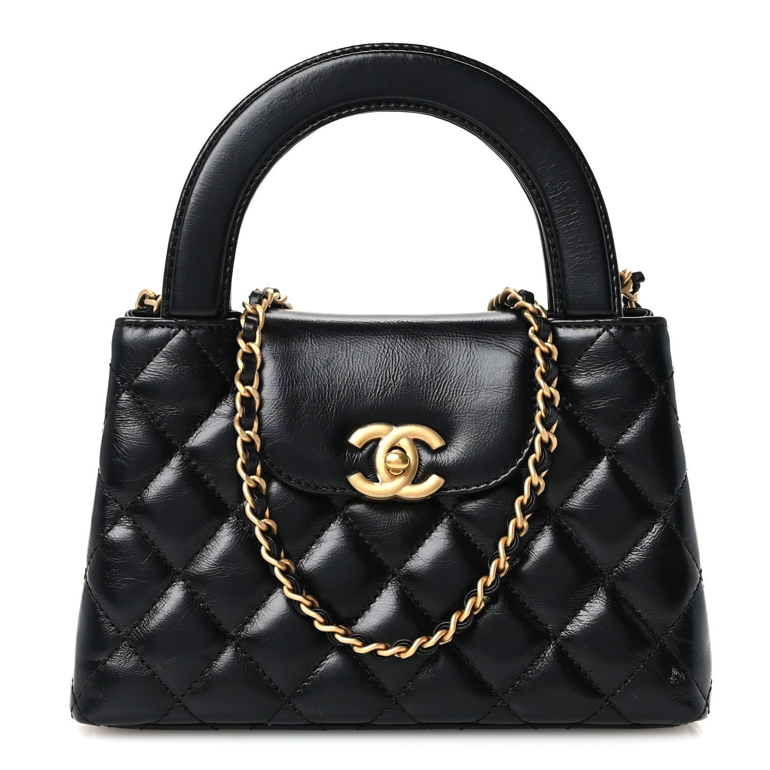 Chanel Shiny Aged Calfskin Quilted Nano Kelly Shopper Black