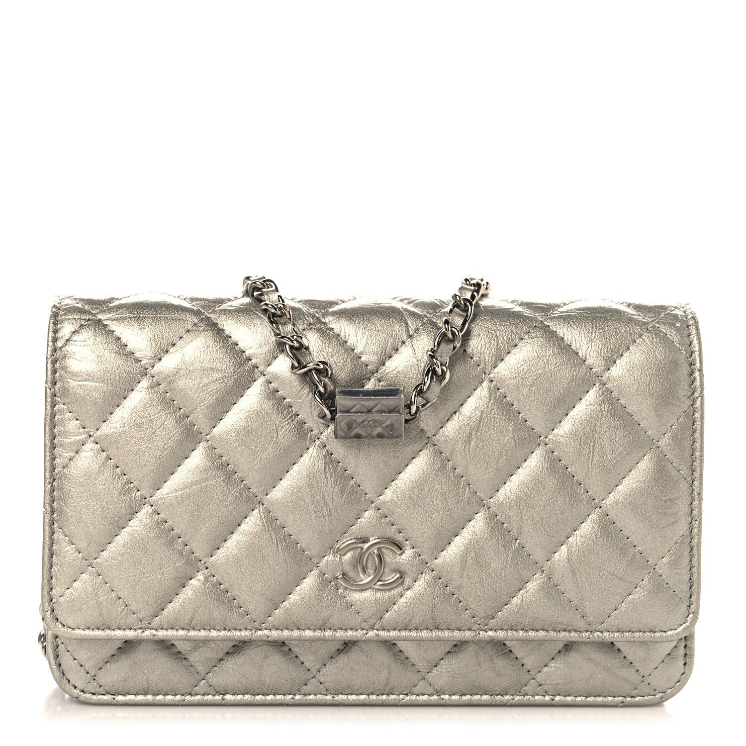 Chanel Metallic Crumpled Calfskin Quilted Flap Charm Wallet On Chain WOC Silver