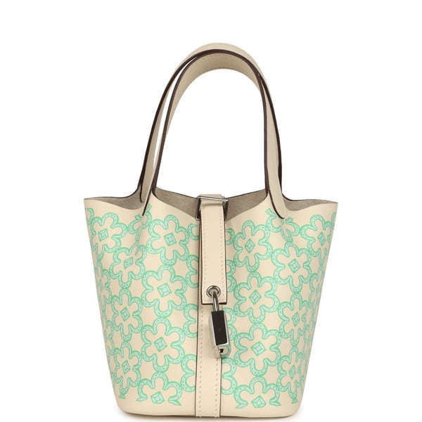 Hermes Hermes Micro Picotin Lock 14 "Lucky Daisy" Nata, Vert, White Swift Palladium Hardware