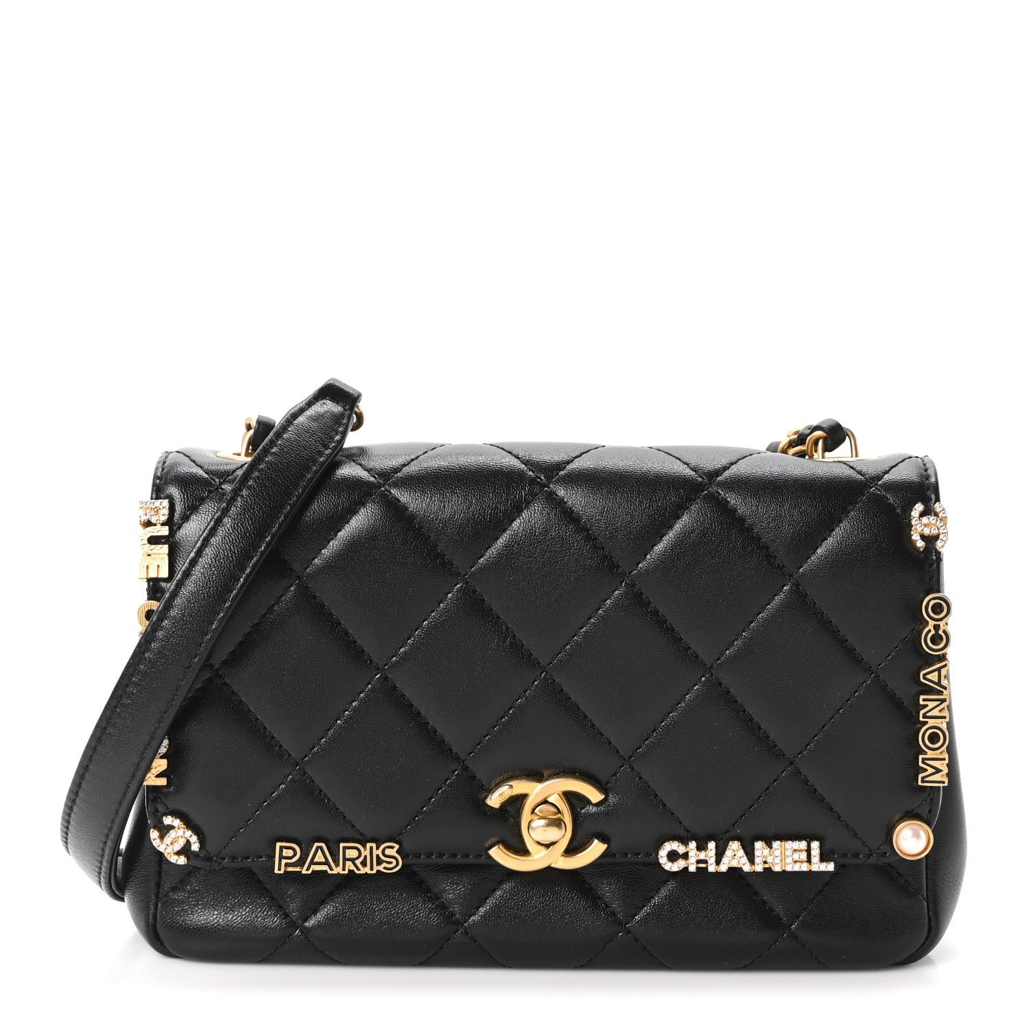 Chanel Lambskin Enamel Strass Quilted Mini Paris Monaco Flap Black