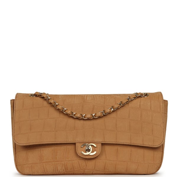 Chanel Maxi "Souplissimo" Small Flap Bag Camel Croc Embossed Suede Gold Hardware