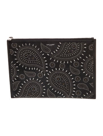 Leather Studded Paisley Leather Zip Pouch Medium