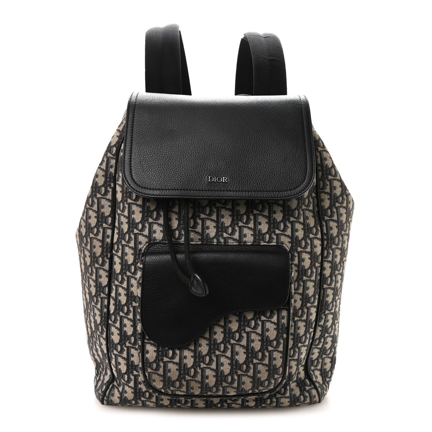 Christian Dior Oblique Jacquard Grained Calfskin Drawstring Saddle Backpack Beige Black