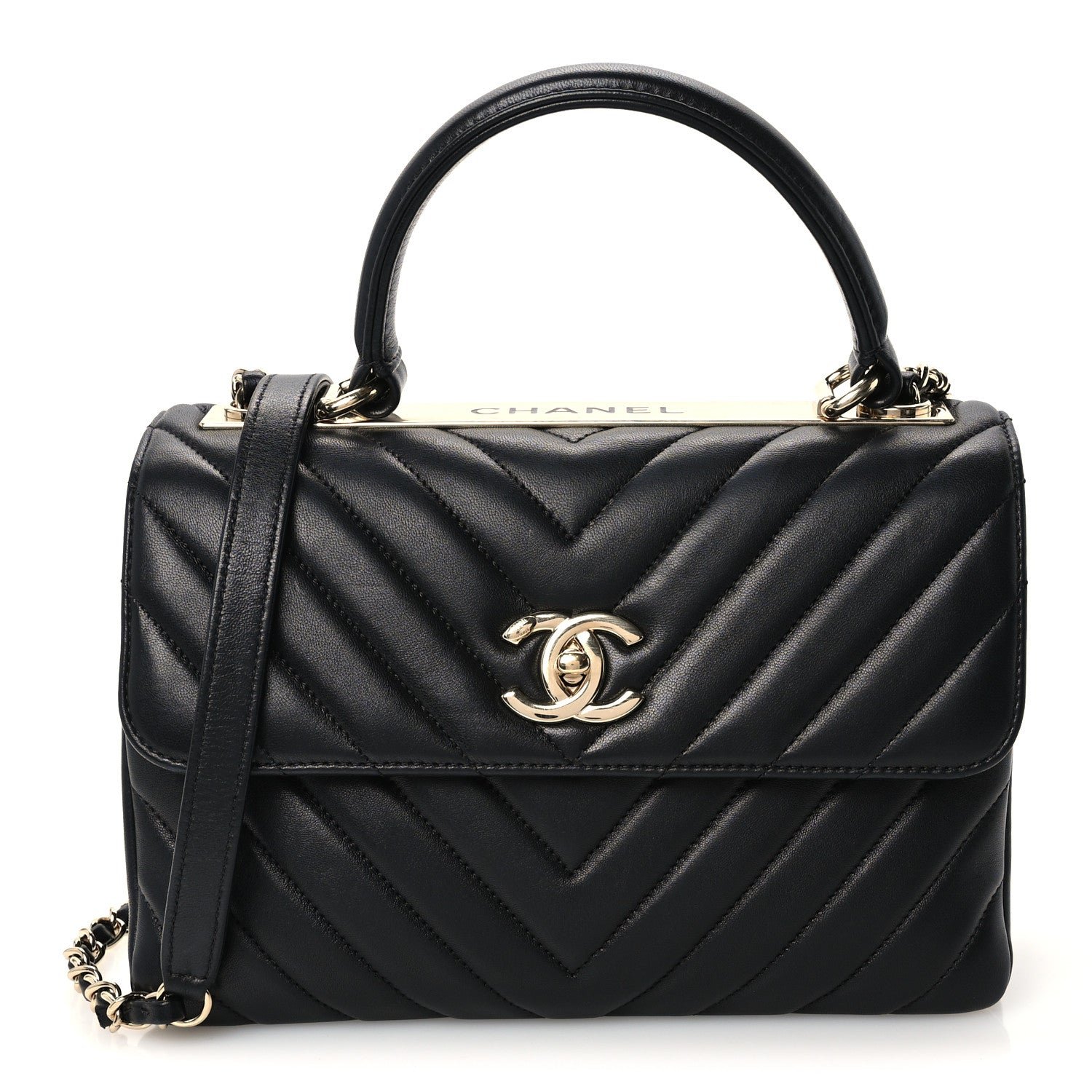 Chanel Lambskin Chevron Quilted Small Trendy CC Dual Handle Flap Bag Black