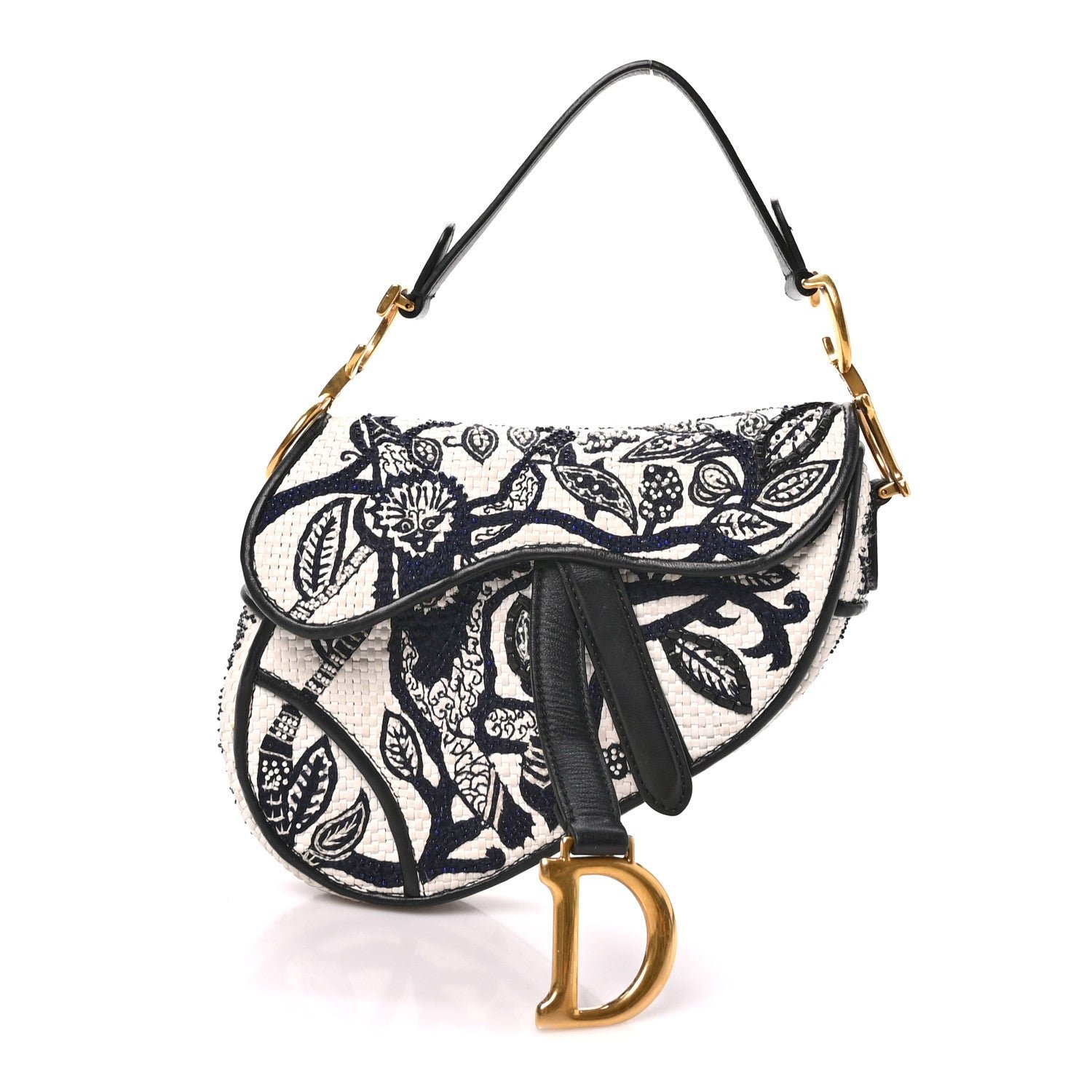 Christian Dior Woven Calfskin Embroidered Mini Saddle Bag White Black Multicolor