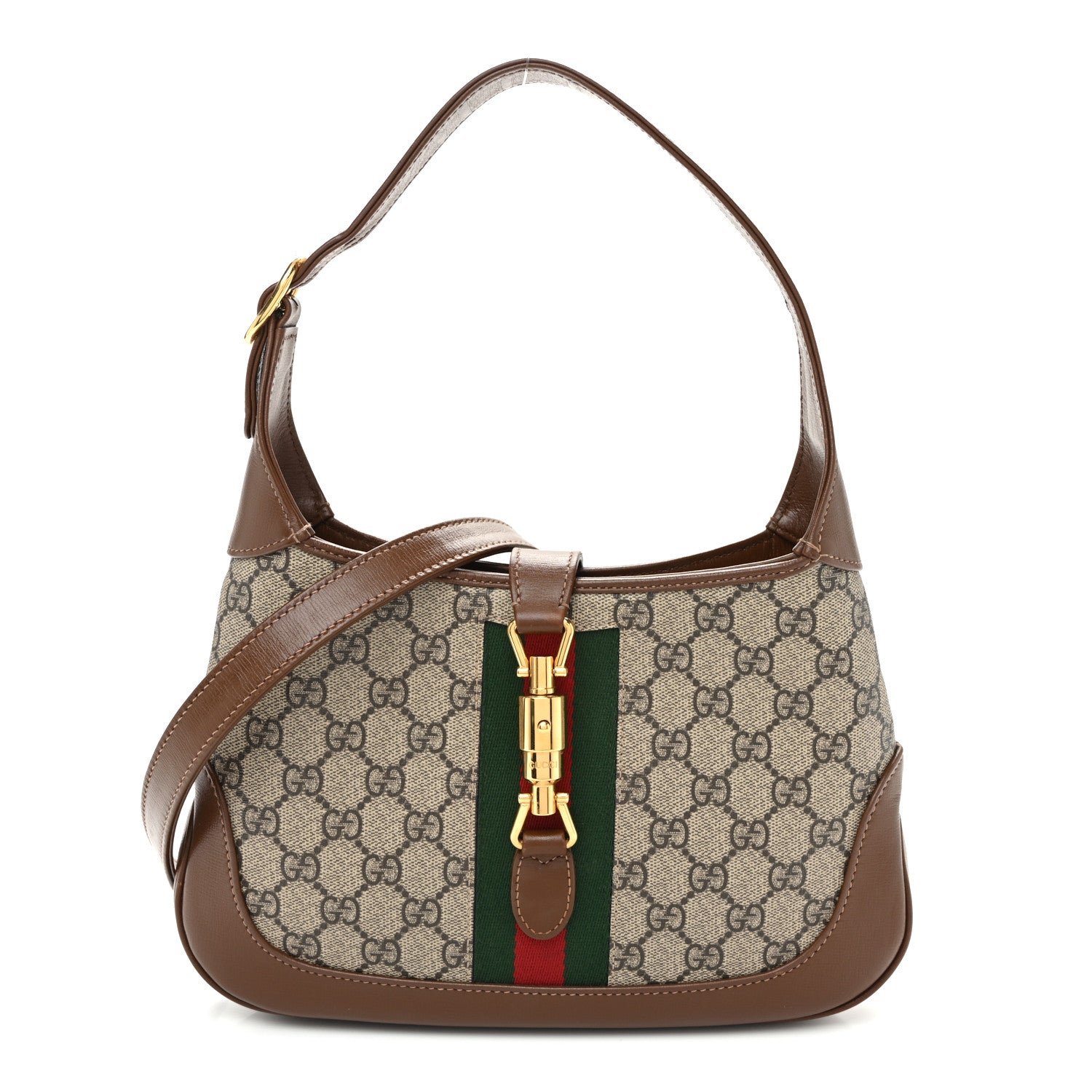 Gucci GG Supreme Monogram Azalea Calfskin Web Small Jackie 1961 Hobo Beige Ebony Brown Sugar