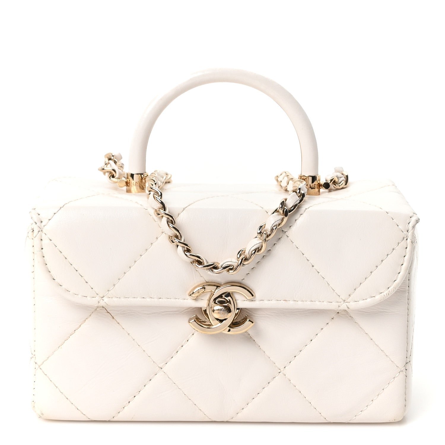Chanel Shiny Calfskin Quilted CC Handle Vanity Flap Bag White
