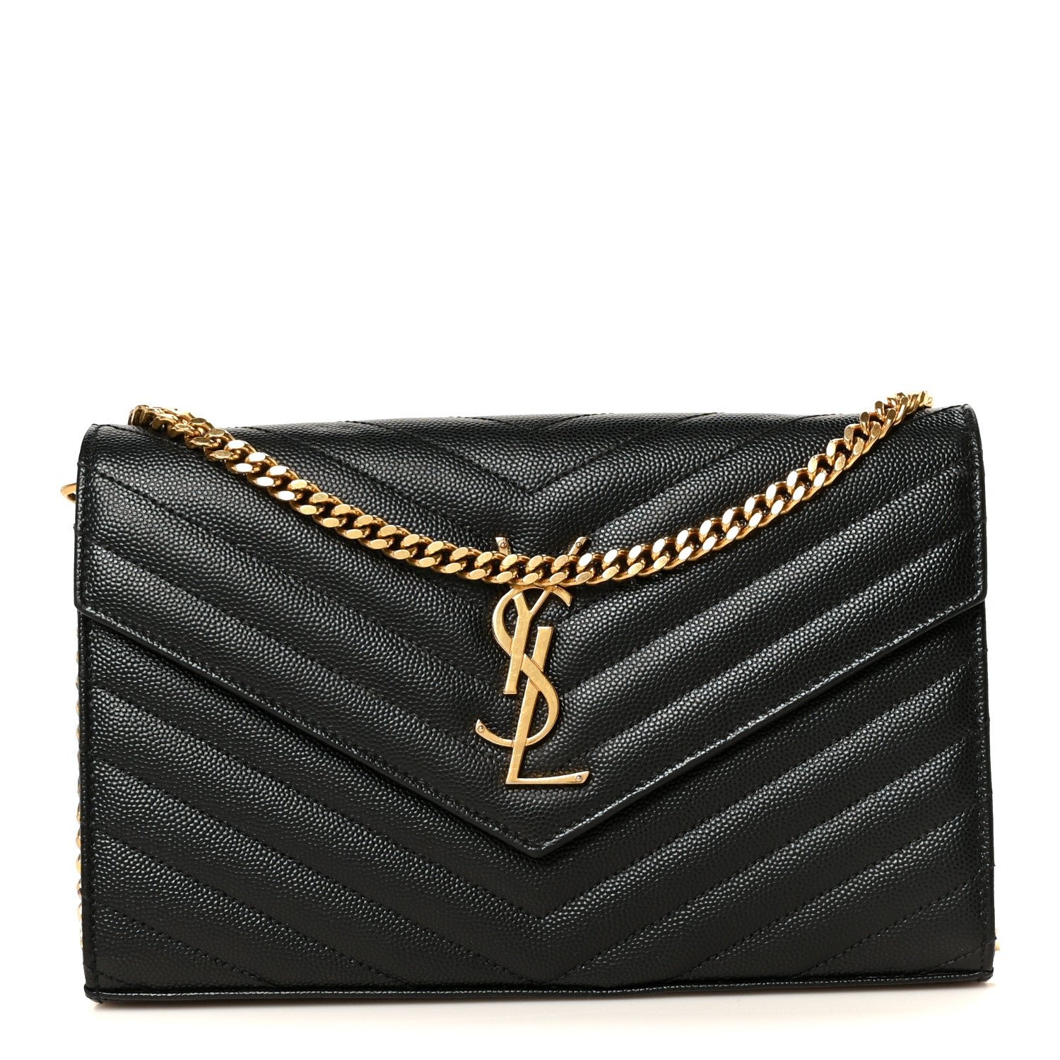 Saint Laurent Grain De Poudre Matelasse Chevron Monogram Chain Wallet Black