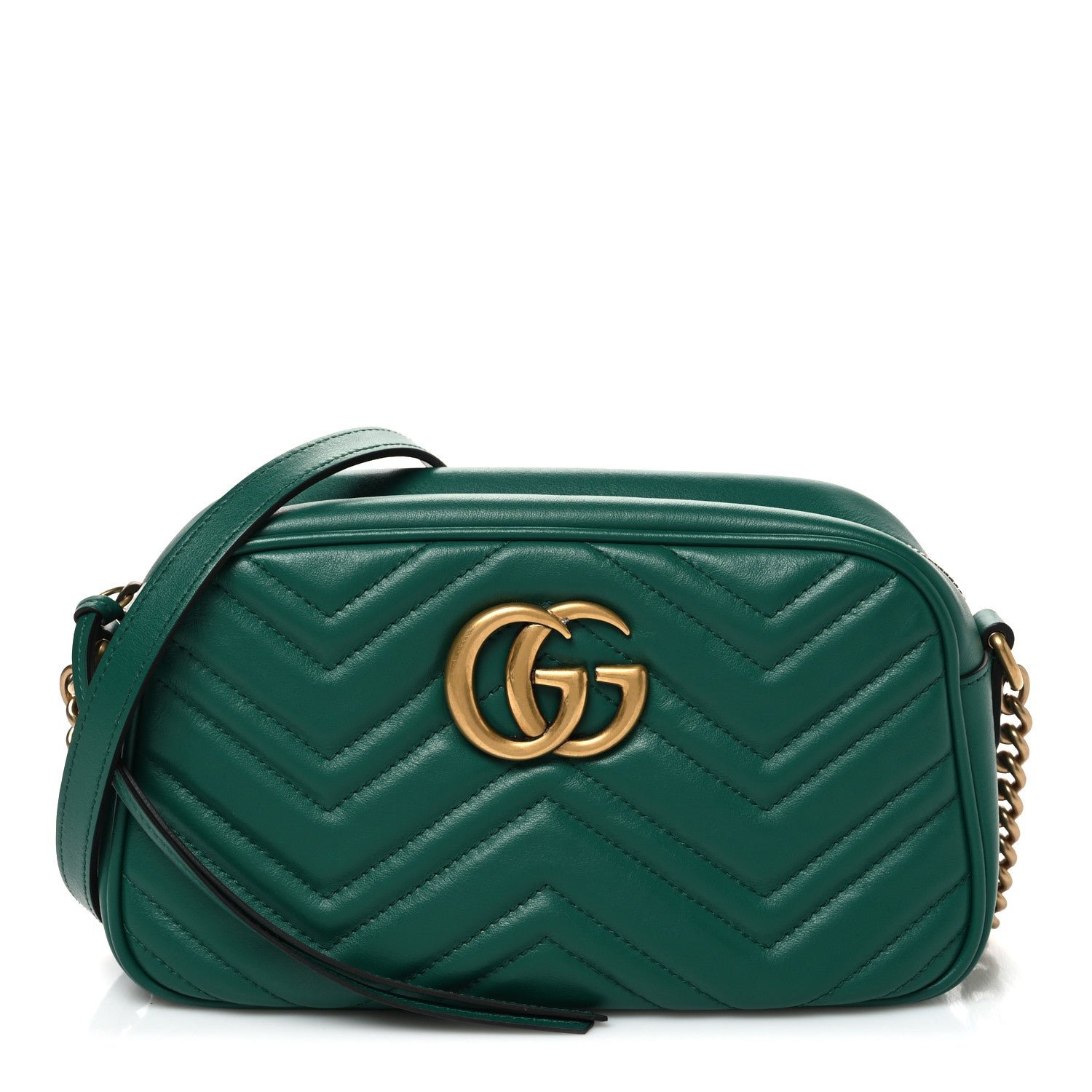 Gucci Calfskin Matelasse Small GG Marmont Chain Shoulder Bag Emerald Green