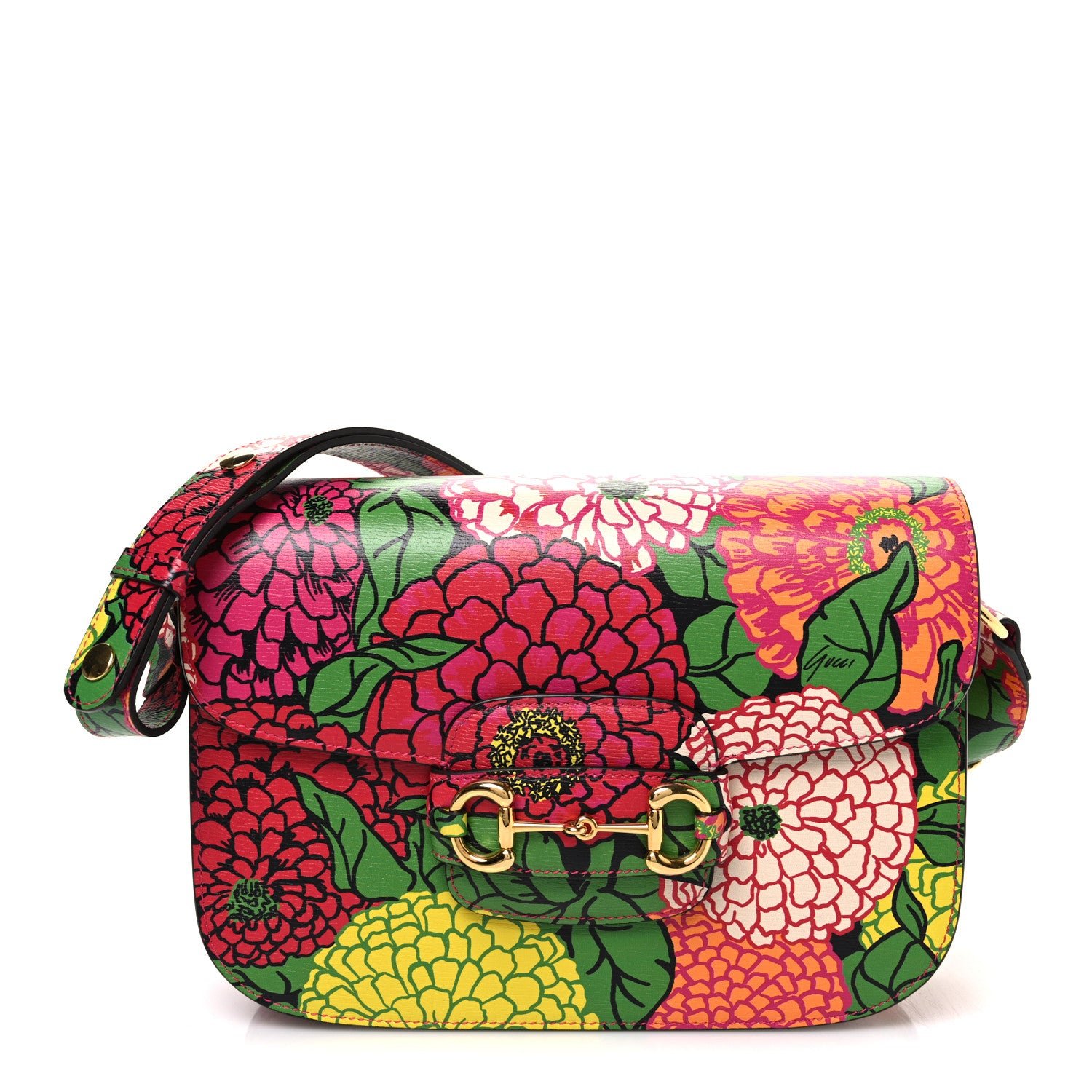 Gucci X KEN SCOTT New Shangai Calfskin Pomponica Print Horsebit 1955 Shoulder Bag  Multicolor Fuxia Pompon