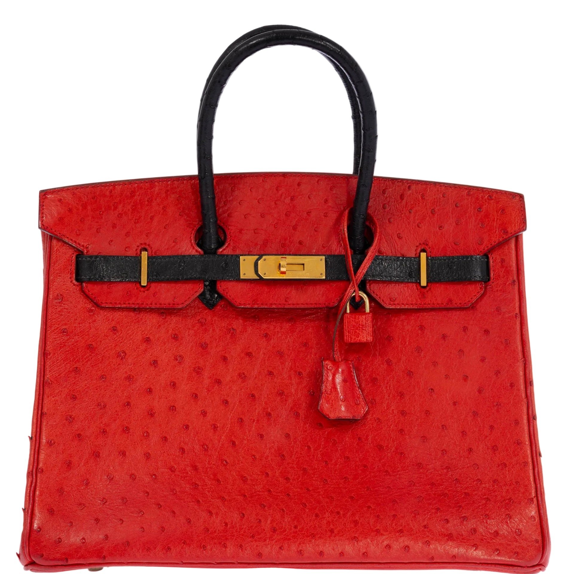 Hermes Hermès Birkin 35 Rouge Vif Noir Ostrich Gold Hardware
