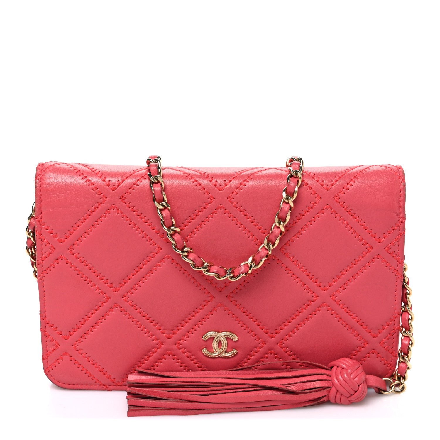 Chanel Lambskin Quilted Double Stitch Tassel Wallet On Chain WOC Pink