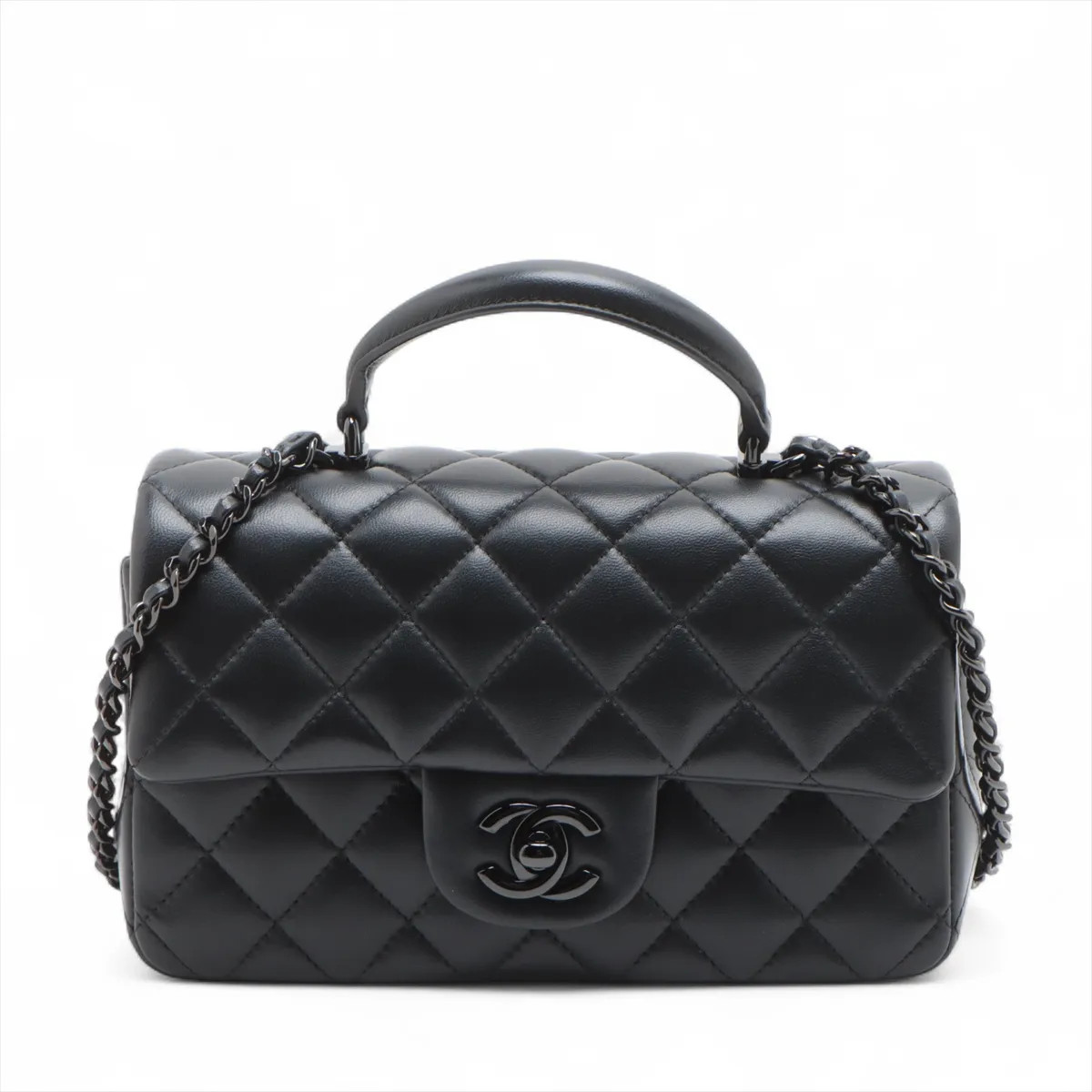 Chanel Matelasse Lambskin 2 Way Handbag Top Handle Black Black Metal Fittings ra
