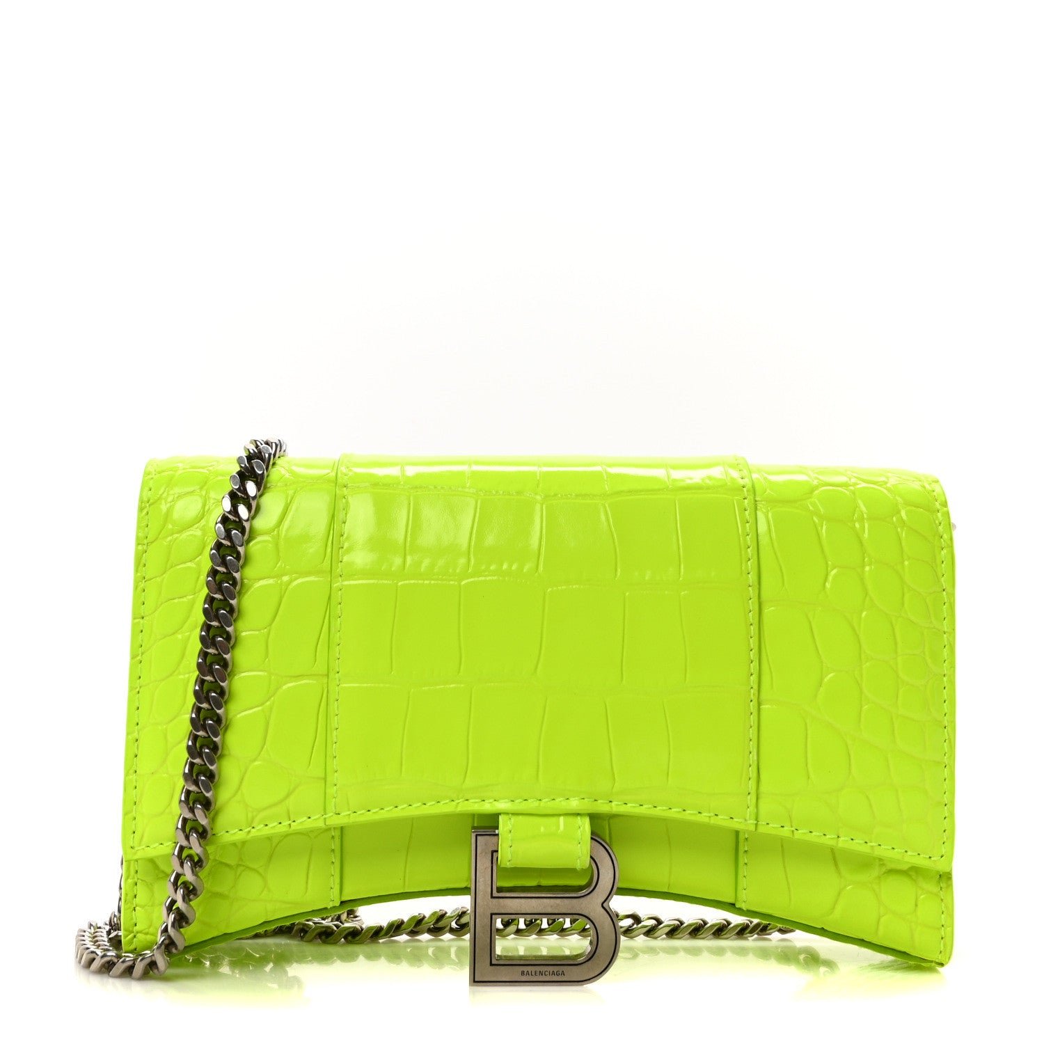 Balenciaga Shiny Calfskin Crocodile Embossed Hourglass Chain Bag Fluo Yellow