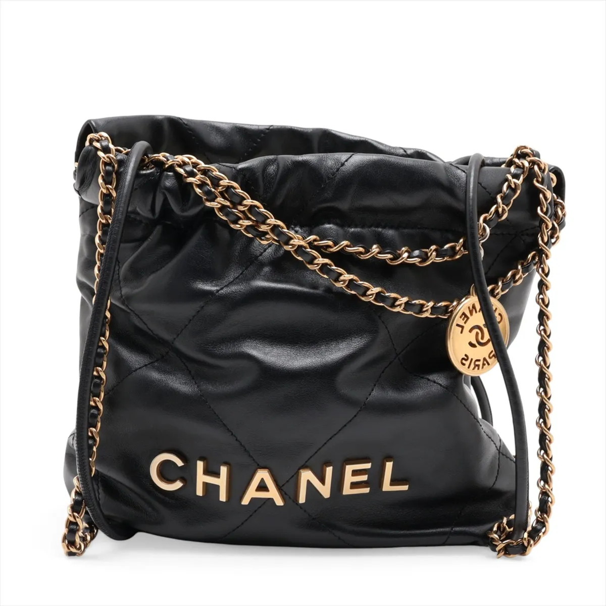 Chanel Chanel 22 Mini shiny calfskin Chain Shoulder Bag Black Gold Metal Fitting