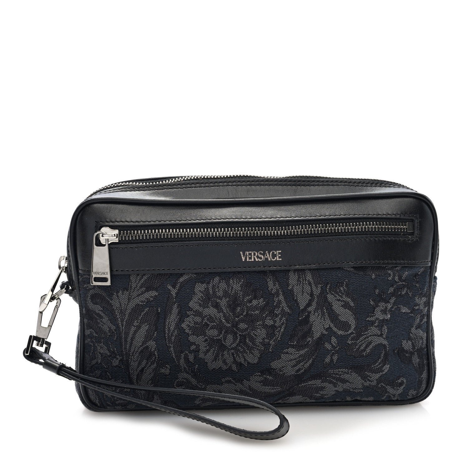 Versace Versace Fabric Jacquard Calfskin Barocco Wristlet Pouch Black