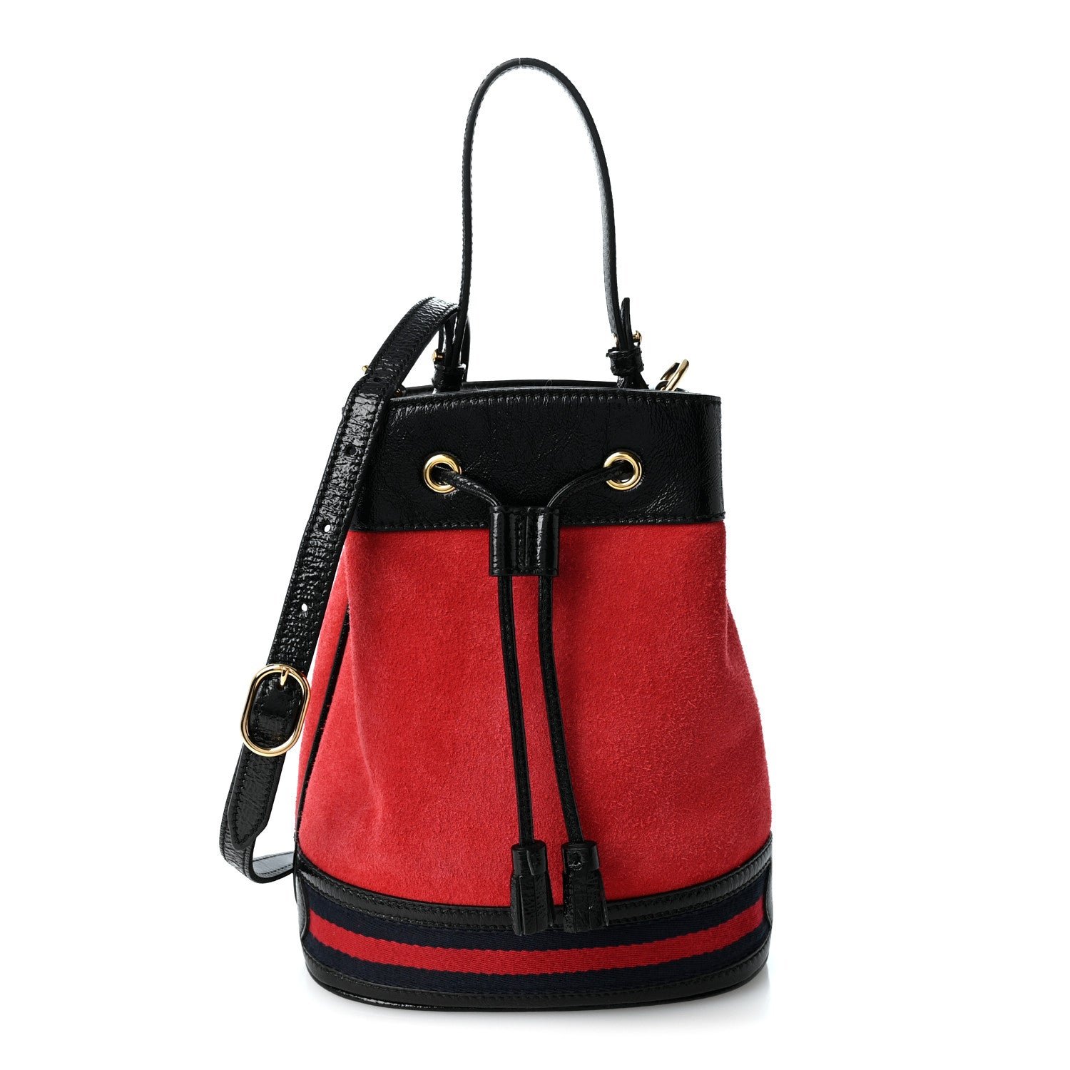 Gucci Suede Patent Web Small Ophidia Bucket Bag Hibiscus Red Black
