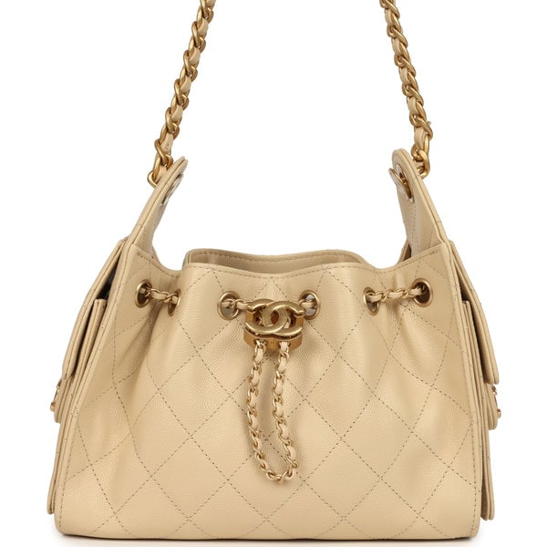 Chanel Mini 25 Hobo Bag Light Beige Caviar Antique Gold Hardware