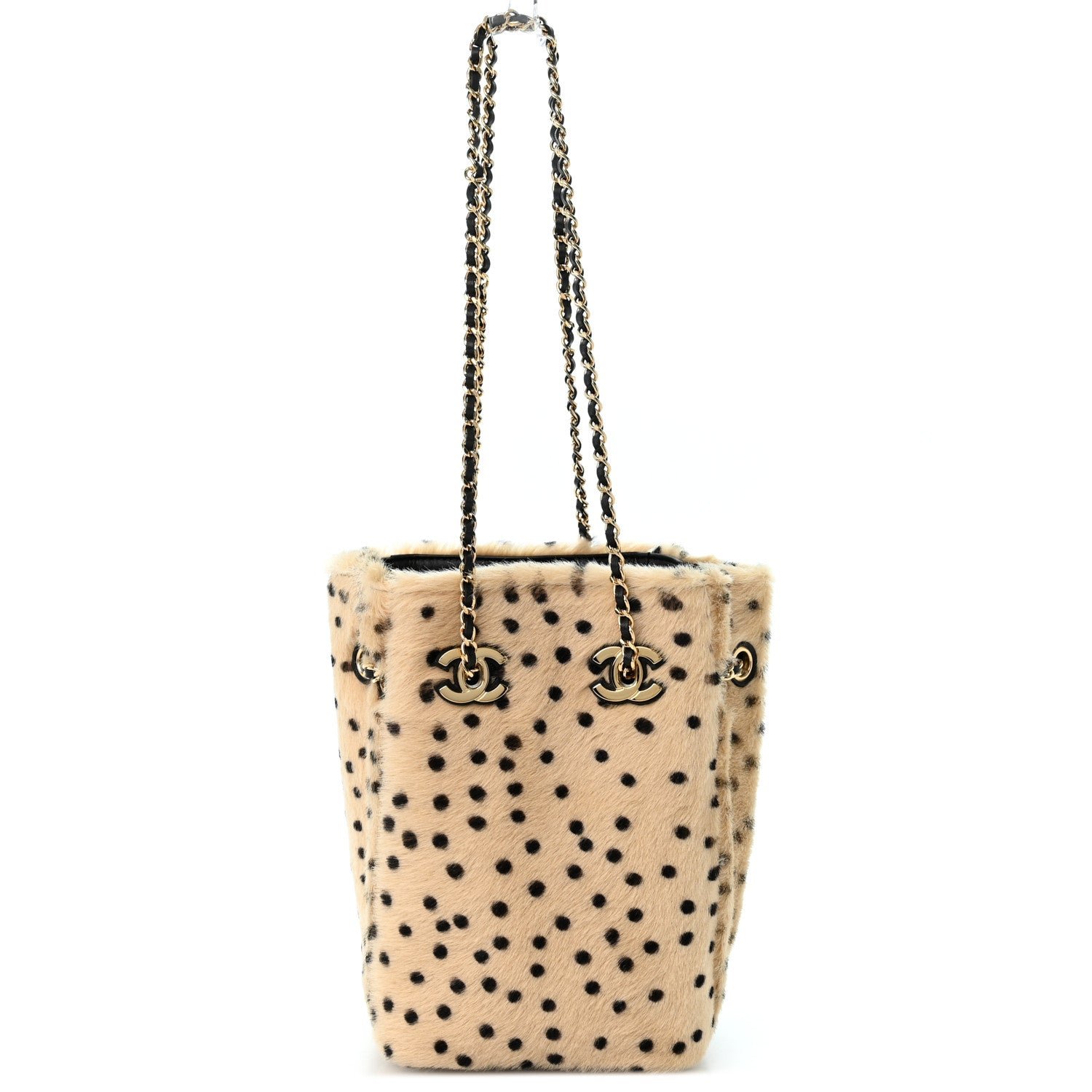 Chanel Pony Hair Cheetah Printed CC Chain Bucket Bag Light Beige Black