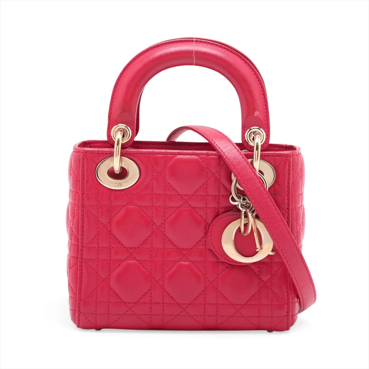 Christian Dior Cannage Lady Dior Mini Leather 2 Way Handbag Red