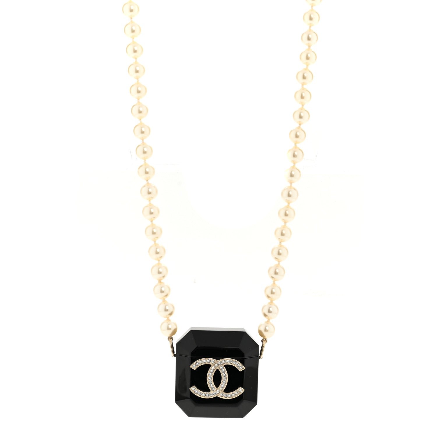 Chanel Resin Crystal Pearl Airpods Pro Holder Necklace Black Pearly White