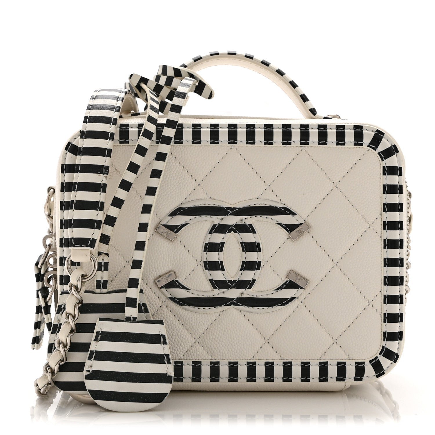 Chanel Caviar Quilted Striped Small CC Filigree Vanity Case White Black