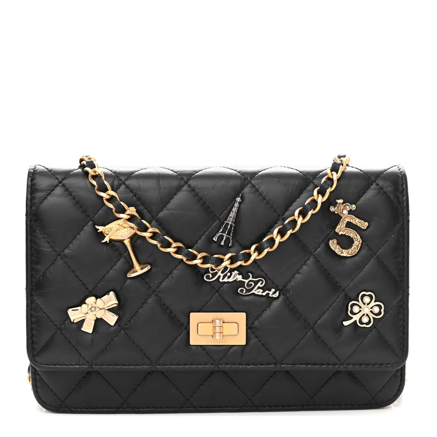 Chanel Aged Calfskin Quilted Lucky Charms 2.55 Reissue Wallet On Chain WOC Black