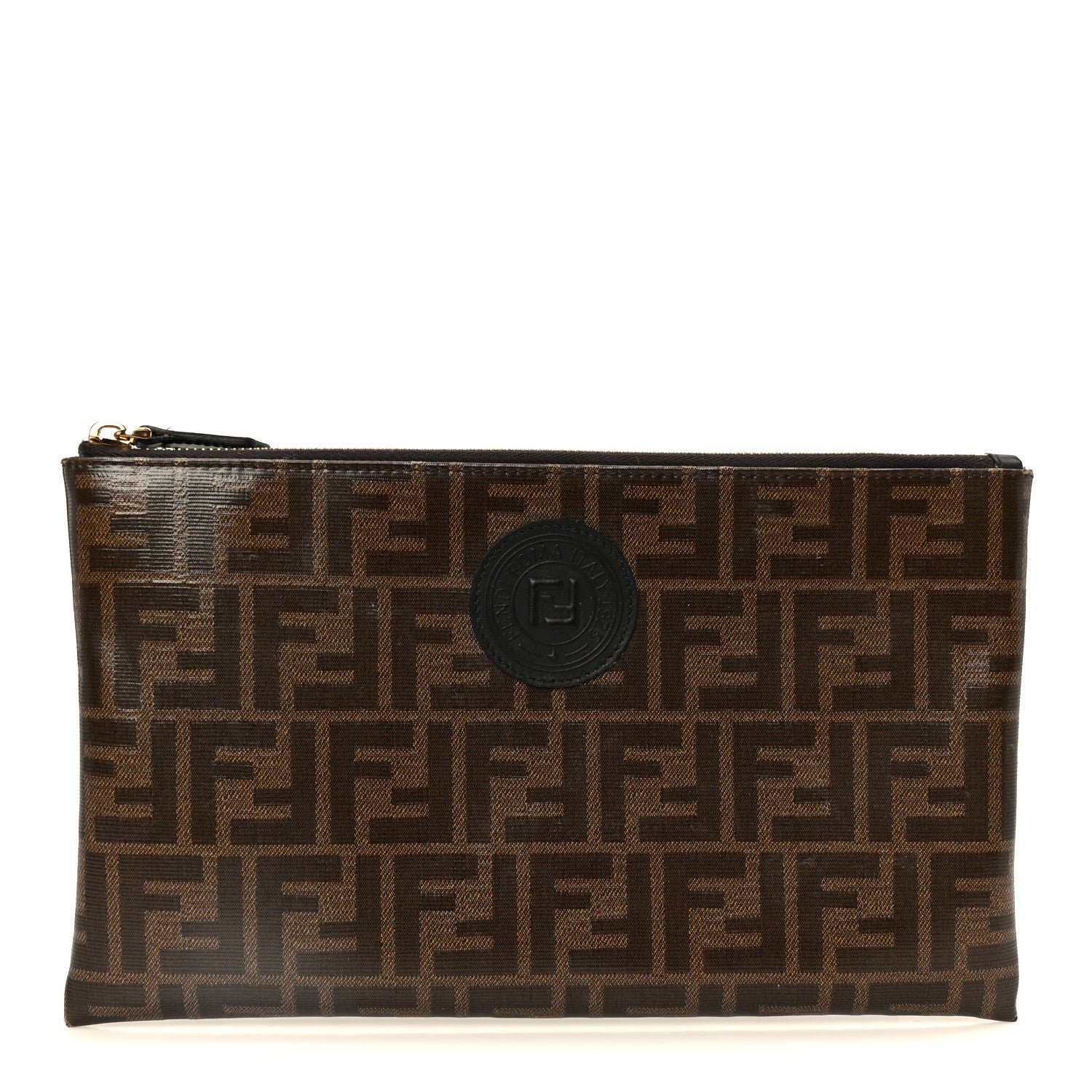 Fendi Fendi Glazed Fabric Vitello Century FF 1974 Stamp Patch Large Flat Pouch Mogano Panna Black