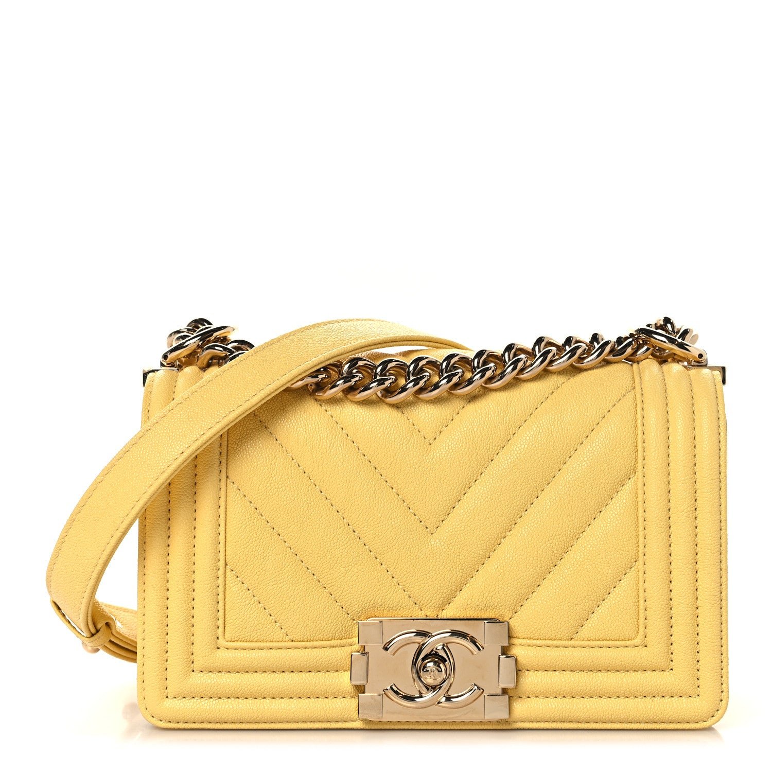 Chanel Caviar Chevron Quilted Small Boy Flap Yellow