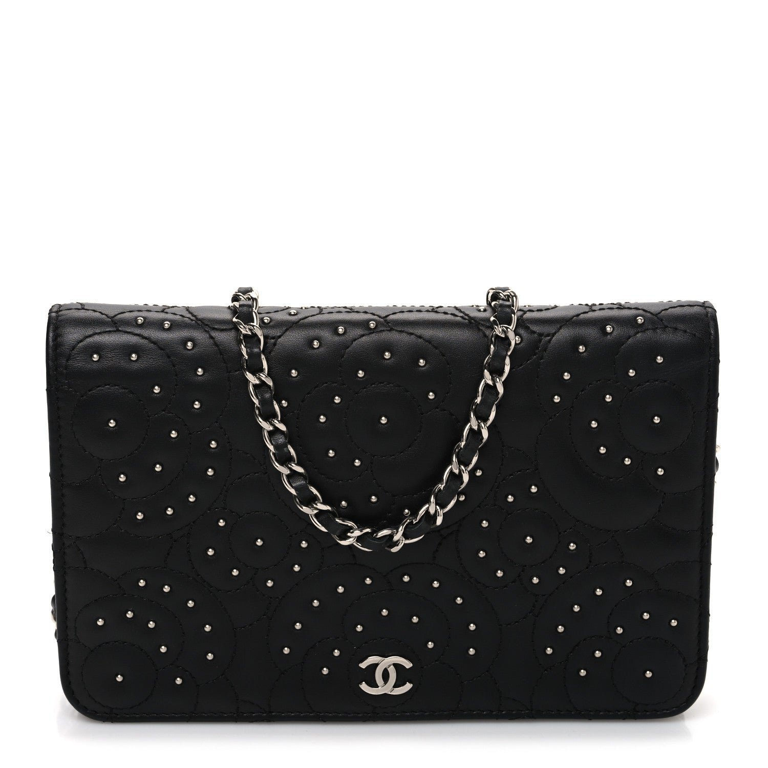 Chanel Lambskin Camellia Studded Wallet on Chain WOC Black