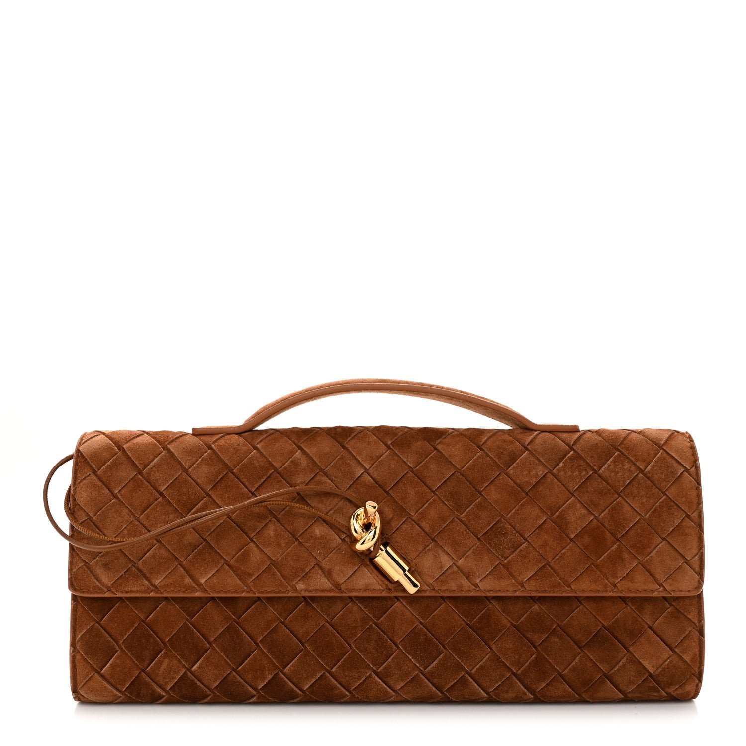 Bottega Veneta Suede Intrecciato Long Andiamo Top Handle Clutch Amber