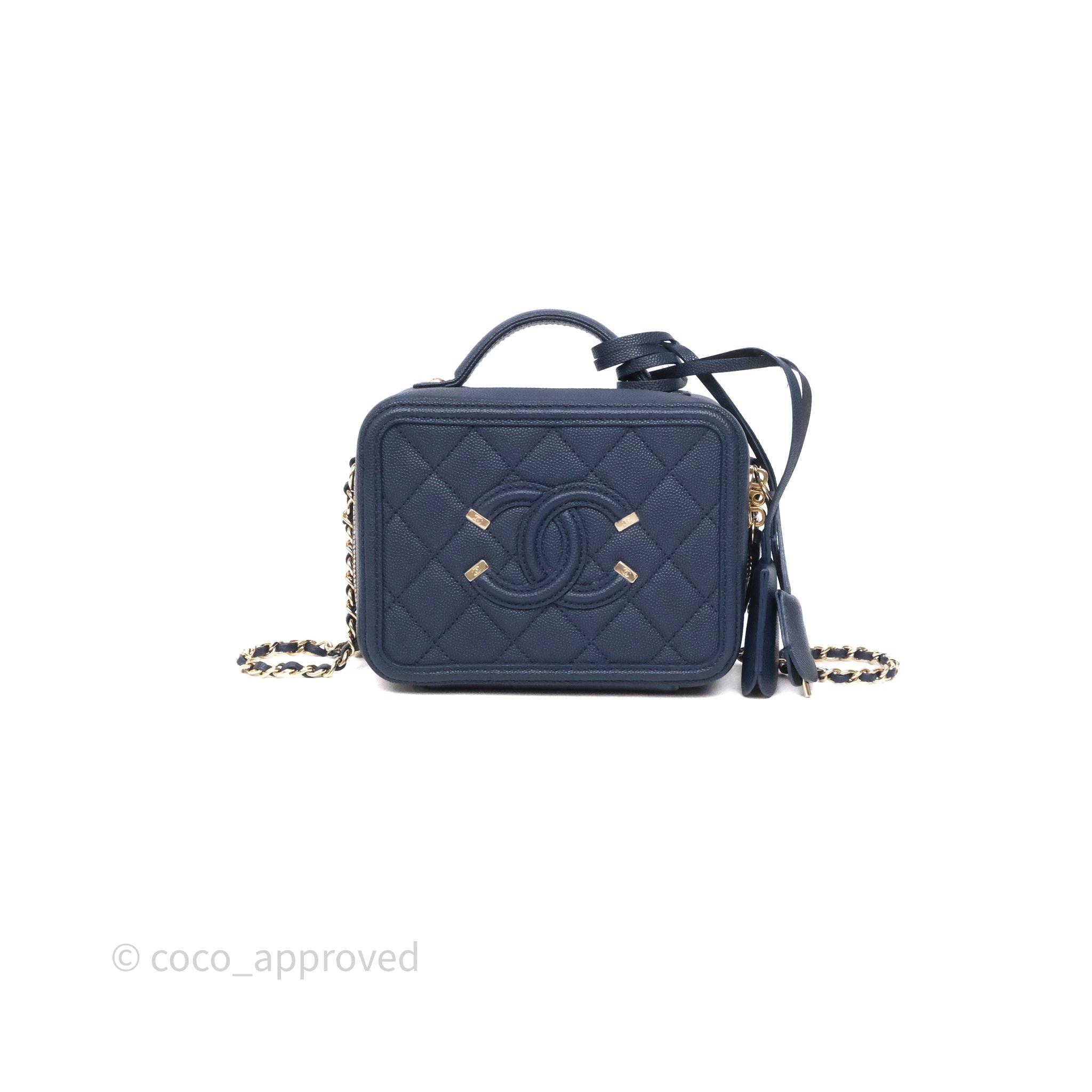 Chanel Quilted Small CC Filigree Vanity Case Navy Caviar Gold Hardware