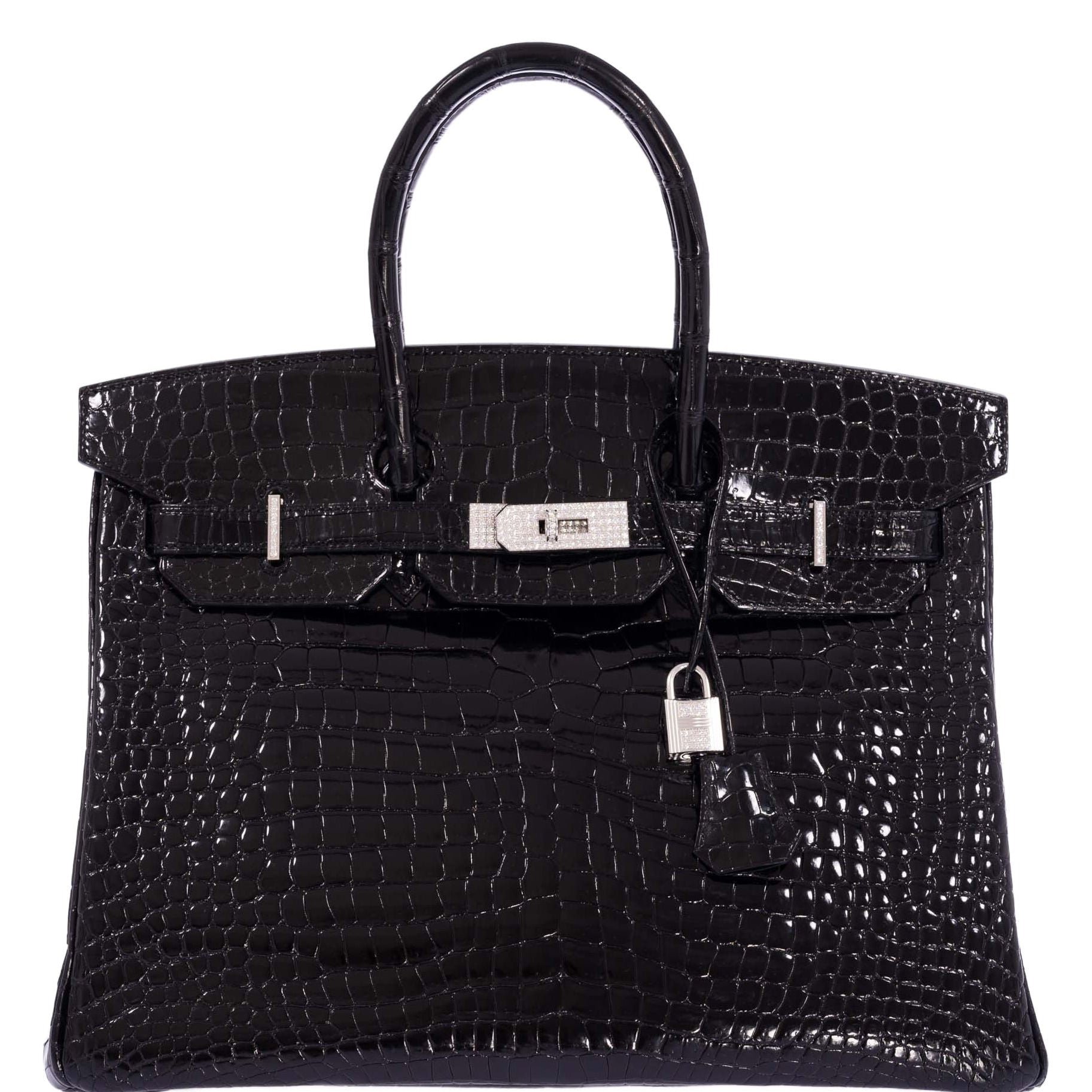 Hermès Birkin 35 Noir Shiny Porosus Crocodile 18K White Gold & Diamond Hardware