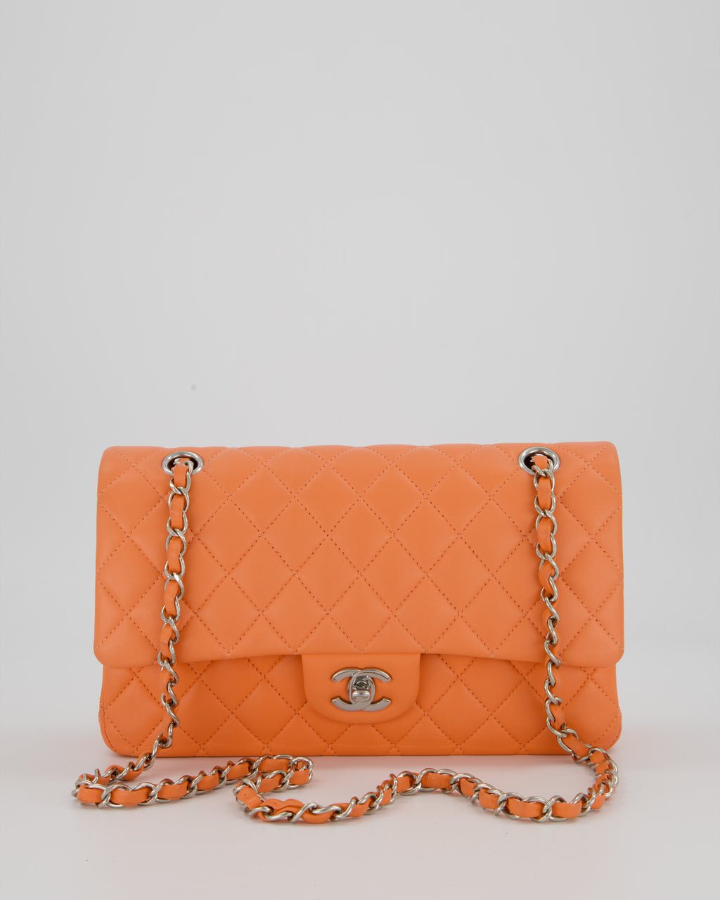 Chanel Peach Classic Medium Double Flap Bag in Lambskin Leather with Silver Hardware