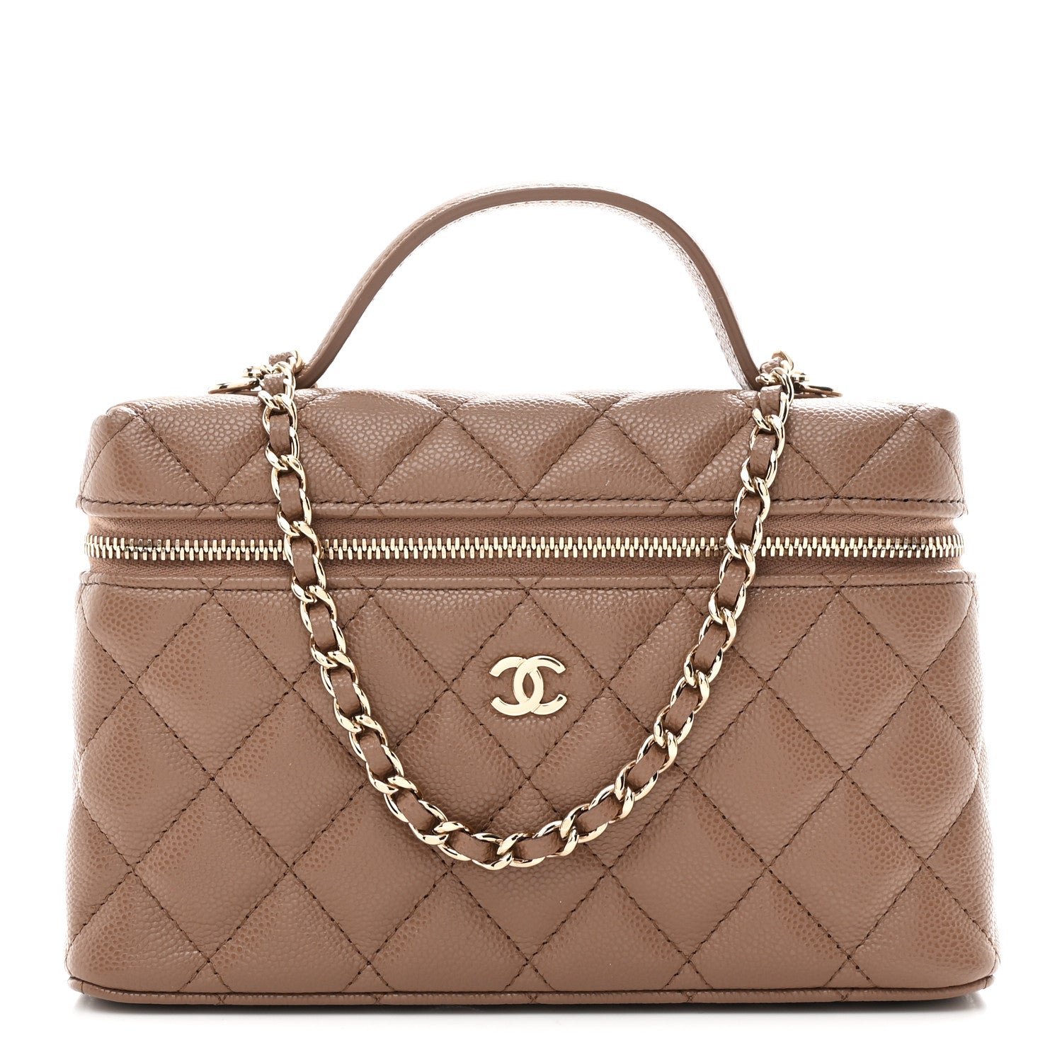 Chanel Caviar Quilted Top Handle Slim Vanity With Chain Dark Beige Dark Beige