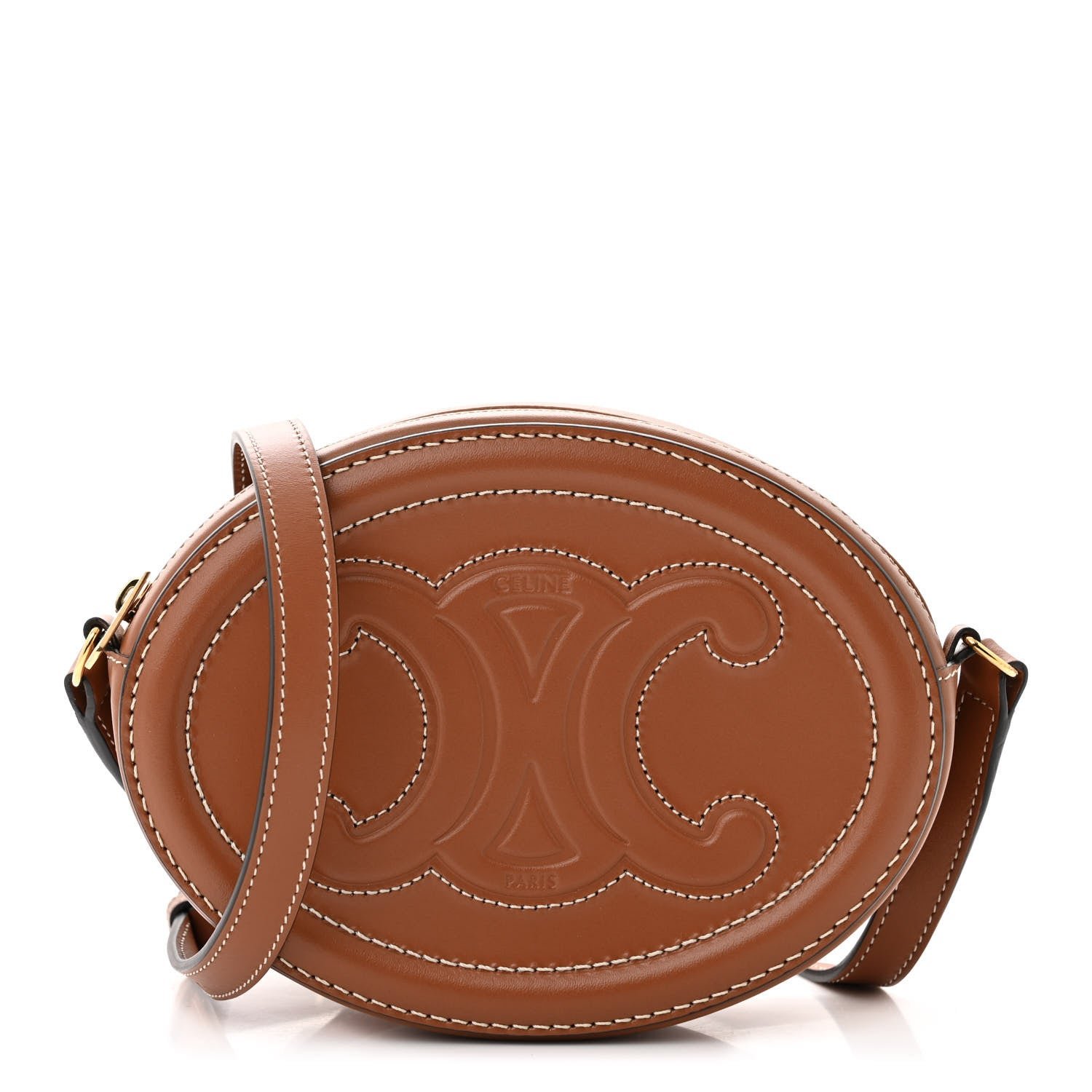 Celine Smooth Calfskin Cuir Small Triomphe Oval Crossbody Purse Tan