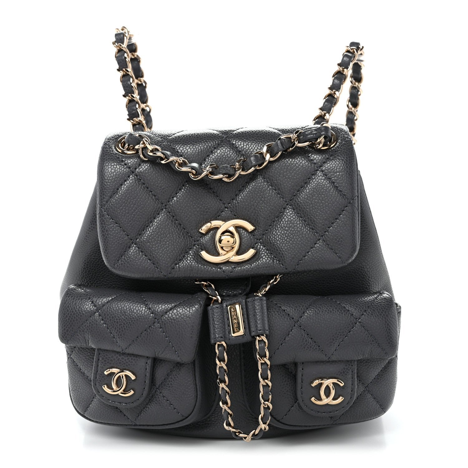 Chanel Shiny Caviar Quilted Small Duma Pockets Drawstring Backpack Grey