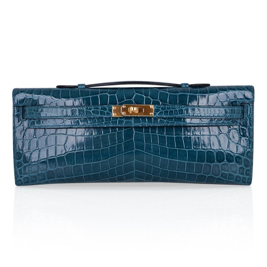 Hermes Hermes Kelly Cut Bag Blue Colvert Crocodile with Gold Hardware